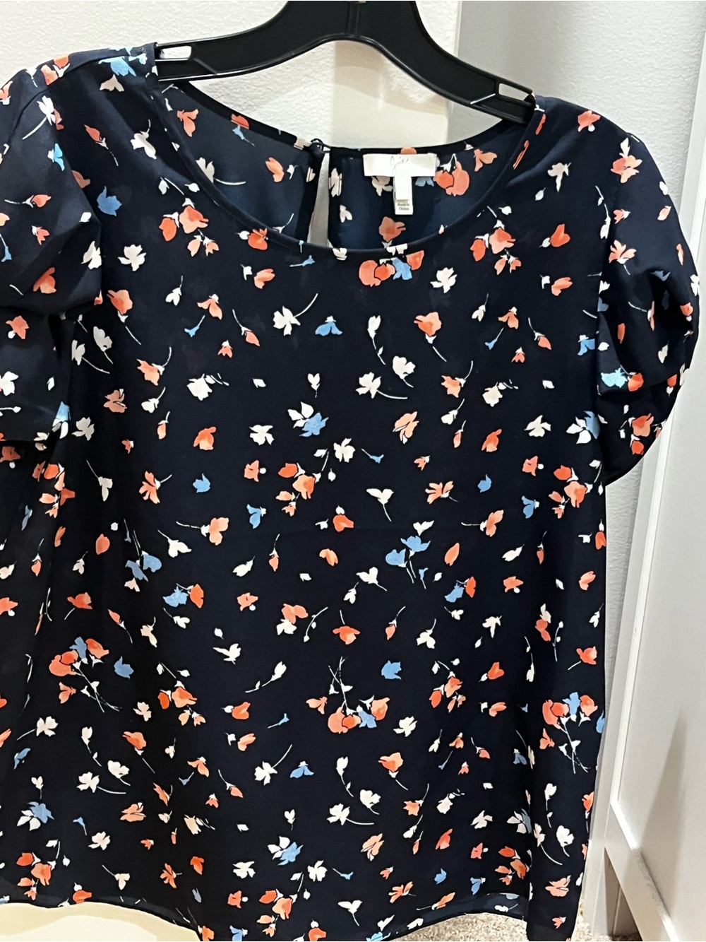 Joie Navy Floral SmallShort Sleeve Top with Coral & Light Blue Blossoms